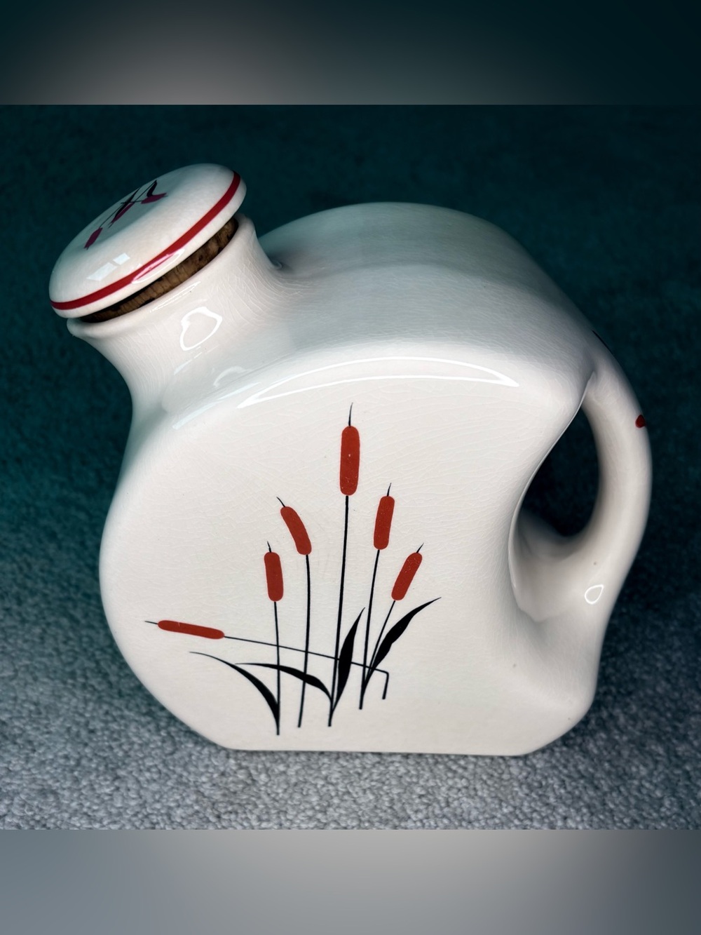 Minimalist White Ceramic Refrigerator Pitcher with Red Cattail Motif
